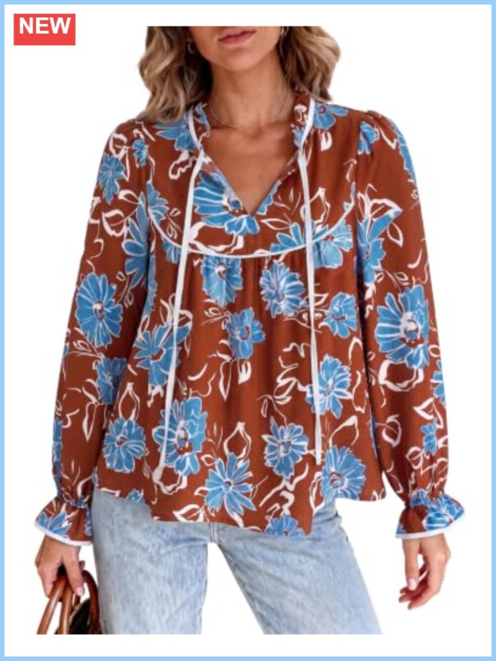 Boho Floral Babydoll Tunic Top V-Neck Ruffle Collar Puff Sleeve Loose Fit